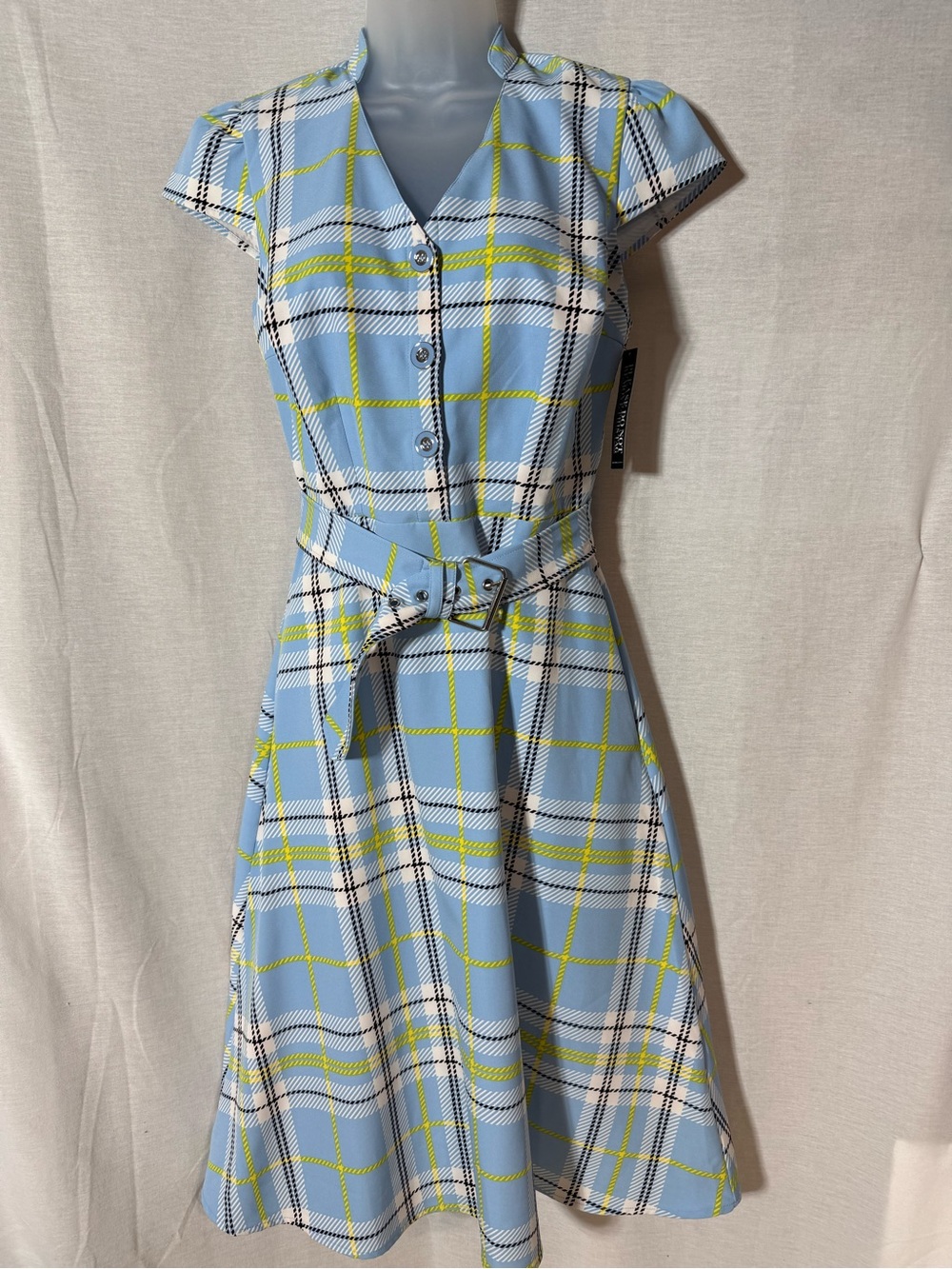 New York & Company Powder Blue Plaid Belted Midi Dress Size XSMALL
